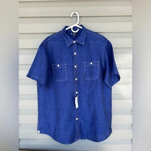 Cremieux Collections Men's Blue Linen Short Sleeve Button Up Shirt Sz L